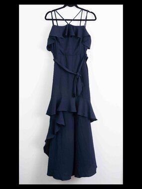 Premier Amour Navy Blue Belted Ruffle High-Low Sleeveless Dress Sz 16 NWT